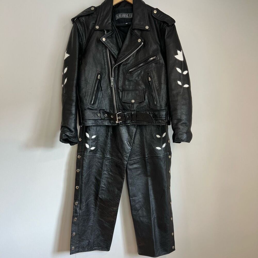 Vintage Screaming Eagle Black Leather Jacket Size 40 With Leather Chaps Large
